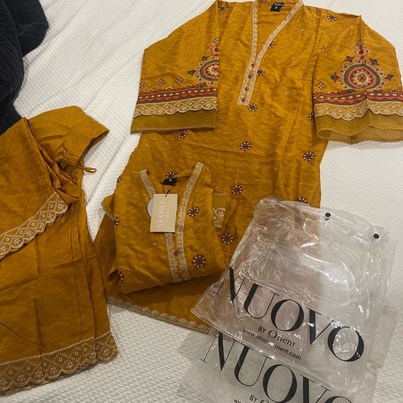 Salwar Kameez Dresses & Skirts - Mustard Embroidered Kurta